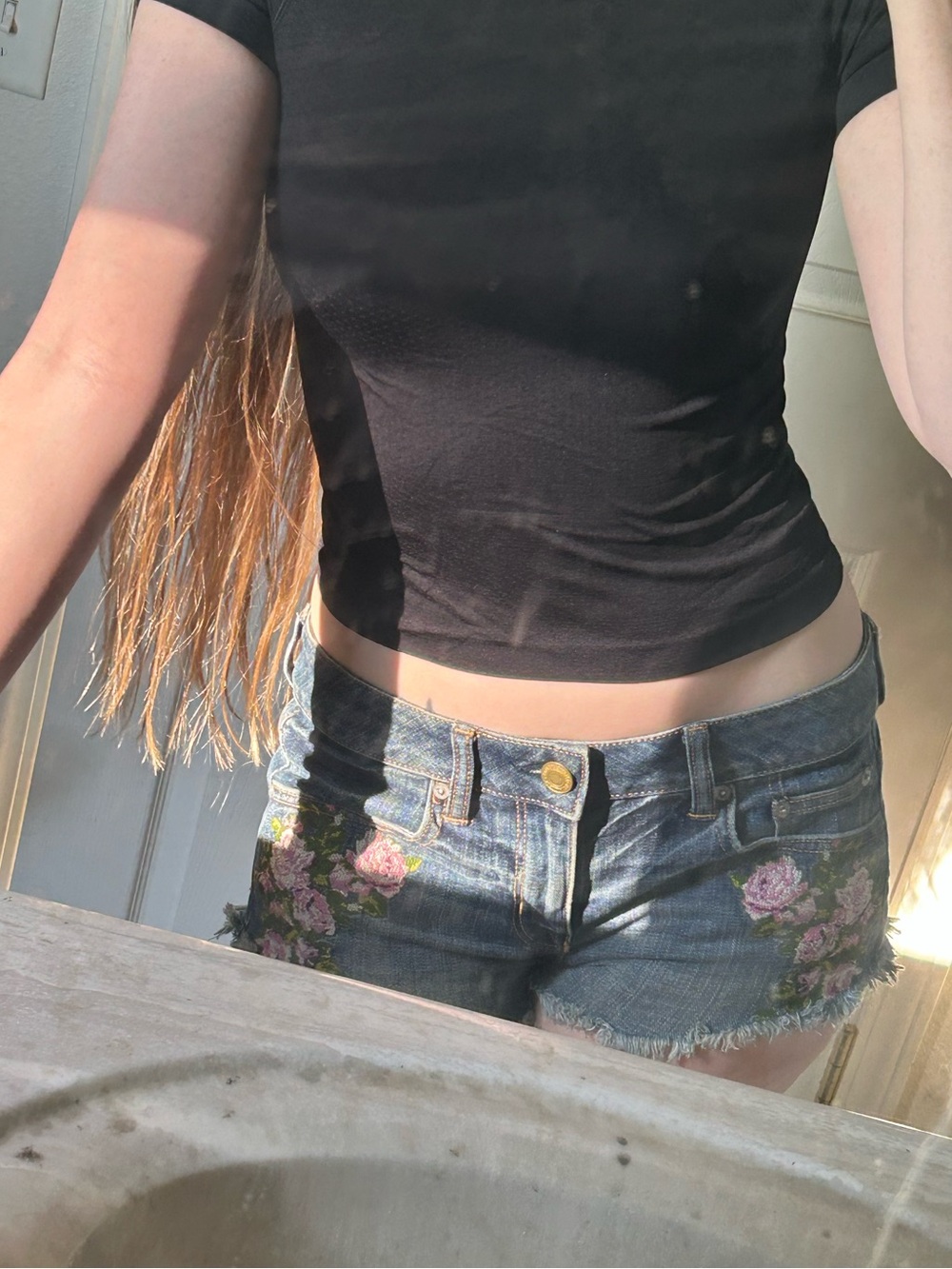American Eagle outfitters Jean fringe shorts with flower rose embroidery